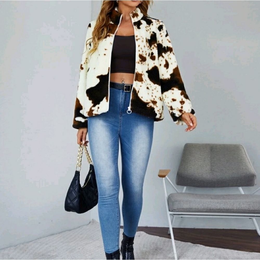 Graphic Pattern O-ring Zipper Fleece Jacket - Picture 4 of 6